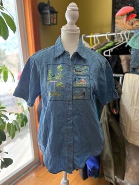 Northern Reflections Blue Embroidered Short-Sleeve Button-Down Shirt
